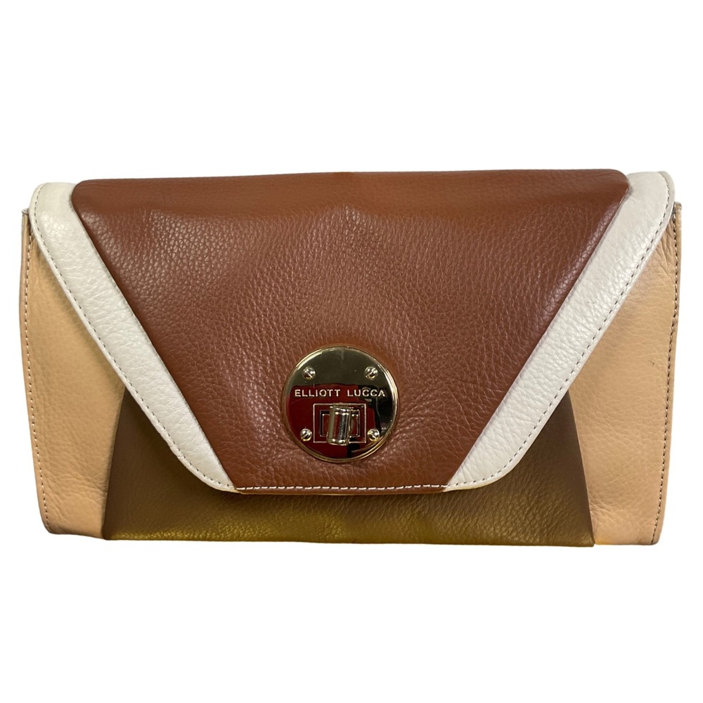 Elliott Lucca Leather Clutch Brown Beige Ivory Colorblock Turn Lock Handbag